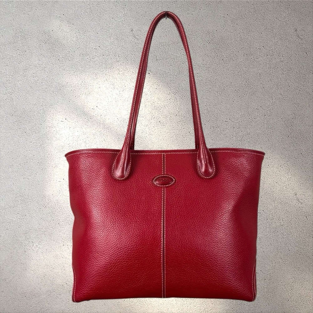 Tod's Red Leather Satchel Large Tote Bag Pebbled Leather Handbag Purse